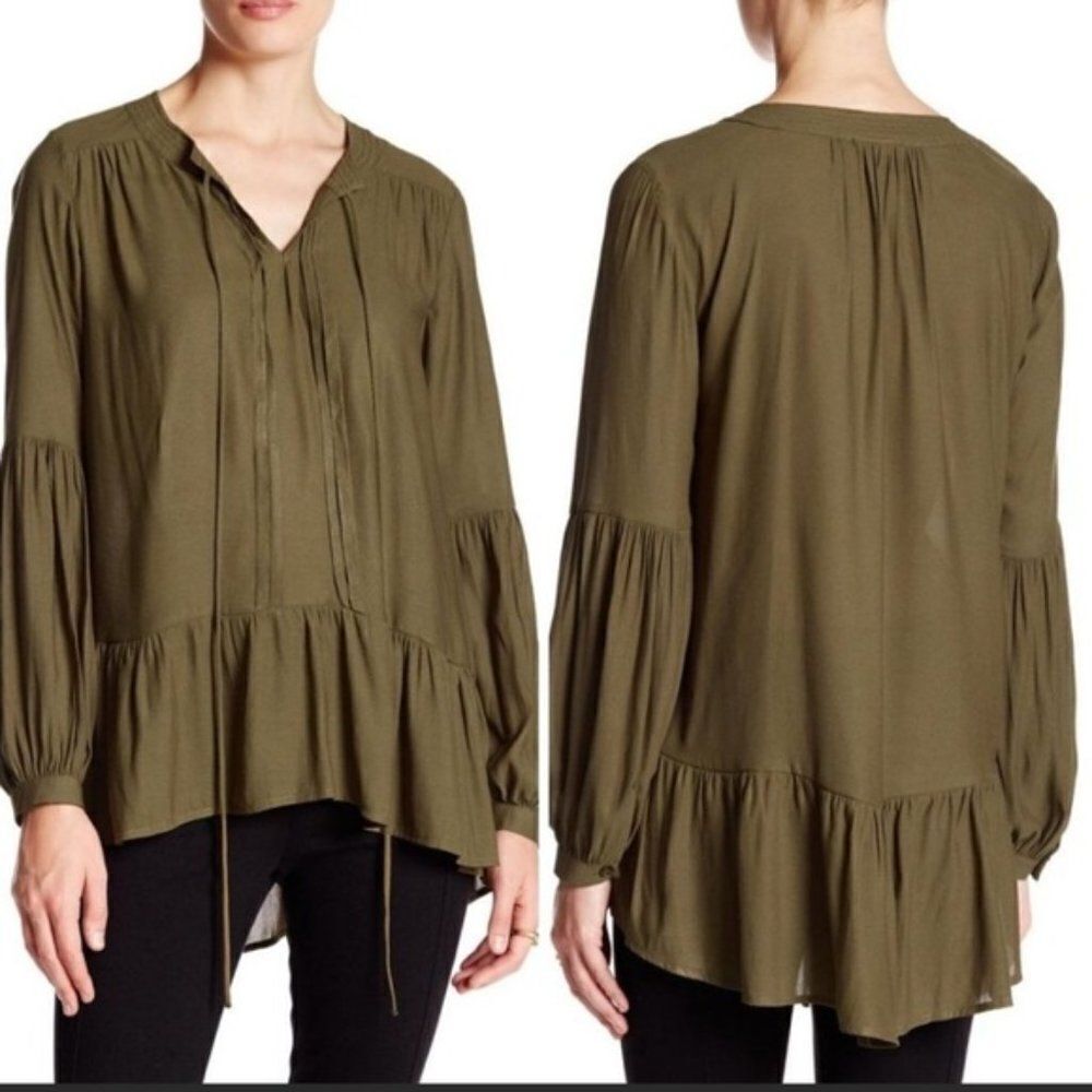 Ro&De  Olive Green Long Sleeve Split Neck Peplum Peasant Top Small